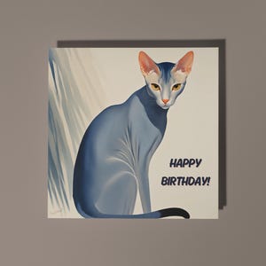Chat oriental bleu fait main, élégant et gracieux - Carte de joyeux anniversaire Carte d'animal drôle Carte de voeux et enveloppe premium pour amoureux des animaux