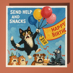 Carte de joyeux anniversaire chat avec des ballons - enveloppe de carte de voeux premium animal drôle Carte de chat personnalisée - soeur fille ami frère