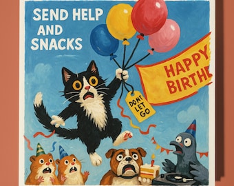 Cat with balloons  Happy Birthday Card - Funny Animal  Premium Greeting Card Envelope Personalised Cat card - sister daughter friend brother