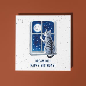Feito à mão O gato olha para as estrelas Sonhe Grande! Cartão de Feliz Aniversário - Cartão Engraçado de Animais Amantes de Animais Cartão de Saudação Premium com Envelope
