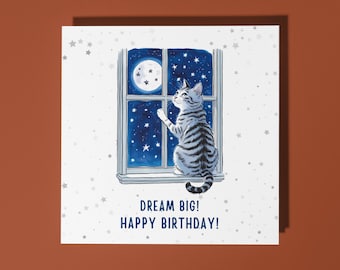 Handmade The cat looks at the stars Dream Big! Happy Birthday Card - Funny Animal Card Animal Lovers Premium Greeting Card With Envelope