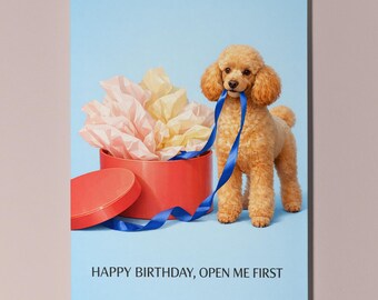 Poodle Personalised Birthday Card, Funny Open Me First Gift Box Dog Card