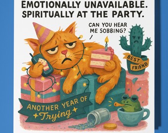 Trying Cat - Happy Birthday Card - Funny Animal - Premium Greeting Card Envelope - Personalised Cat card - sister daughter friend  Mum