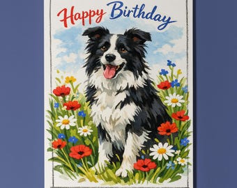 Border Collie Dog Happy Birthday Card - Funny Animal - Premium Greeting Card and Envelope Personalised card - Dog Breeds - Friends Family