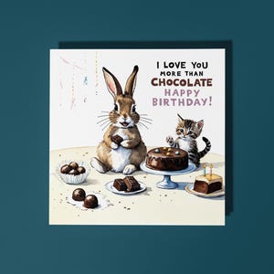 Tarjeta de feliz cumpleaños hecha a mano con un lindo conejito y gatito "Te amo" - Tarjeta divertida con animales Tarjeta de felicitación premium para amantes de los animales con sobre blanco