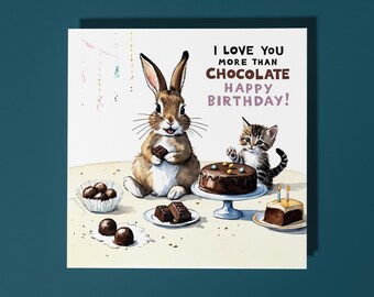 Handmade Cute Bunny and Kitten I Love You Happy Birthday Card - Funny Animal Card Animal Lovers Premium Greeting Card With White Envelope