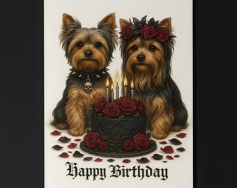 Dog Breeds Collection - Cake, Roses & Gothic Noses - Yorkshire Terrier dog Birthday Card - Premium Greeting Card Envelope -Personalised card