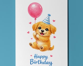 Golden Retriever Dog Girl Birthday Card, Flying Balloon Puppy, Cute Personalised Dog Lover Gift