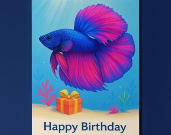 Rainbow Fish Parade Collection - Halfmoon Betta Tropical fish - Happy Birthday Card -  Premium Greeting Card & Envelope - Personalised card