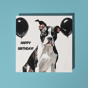 Handgefertigte Pitbull Terrier umgeben von schwarzen Luftballons - Happy Birthday Karte Lustige Tierkarte Tierliebhaber Premium Grußkarte & Umschlag