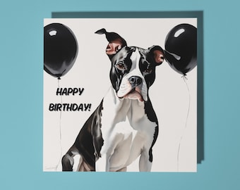 Handmade Pitbull terrier surrounded by black balloons - Happy Birthday Card Funny Animal Card Animal Lovers Premium Greeting Card & Envelope