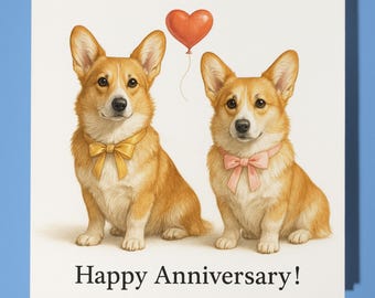 Corgi and  red heart Anniversary Card - Funny Animal - Premium Greeting Card & Envelope - Personalised Dog card - Wife Husband