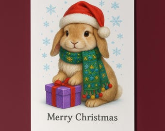 Fluffy Crew - Festive Bunny with a Gift Merry Christmas Card - Funny animals -  Premium Greeting Card Envelope Personalised - Friends Family