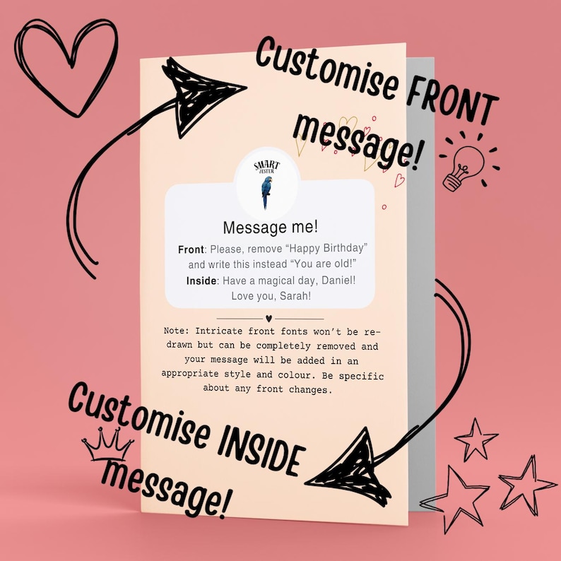 May include: A customizable greeting card with a pink background. The card has text that says "Customise FRONT message!" and "Customise INSIDE message!". The card includes instructions for a personalized message. A heart and stars are also visible.