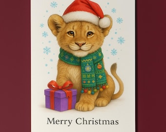 Fluffy Crew - Festive Lion Cub with a Gift Merry Christmas Card - Funny animals -  Premium Greeting Card Envelope Personalised - Friends