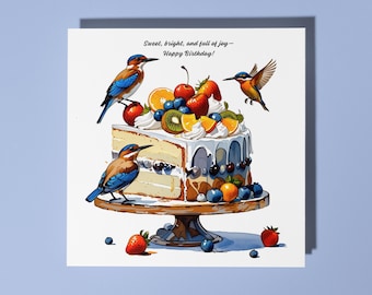 Handmade Cute little birds over a piece of fruit cream cake full of joy Happy Birthday Card Animal Lovers Premium Greeting Card and Envelope