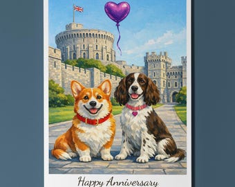 Windsor Castle Corgi & Springer Spaniel Dogs Happy Anniversary Card Envelope Funny Breeds Premium Personalised Couples Spouses Wife Husband