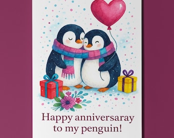Penguin Love Huddle - Happy Anniversary to my penguin! Card Premium Greeting Card and Envelope - Funny animals - Personalised - Couple