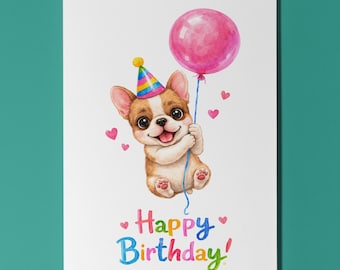 French Bulldog Dog Girl Birthday Card, Flying Balloon Puppy, Cute Personalised Dog Lover Gift