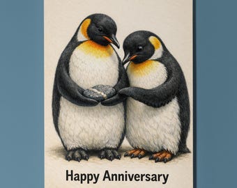 Animal Hugs Collection Penguin Shared Stone Happy Anniversary Card Premium Greeting Card & Envelope Personalised funny card Couples Spouses