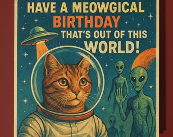 60s Cat UFO Space - Happy Birthday Card - Funny Animal - Premium Greeting Card & Envelope - Personalised Cat card - sister daughter friend