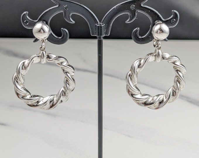 Lovely Vintage Silver-tone Dangles Hoop Clip Earrings by Trifari Jewellery