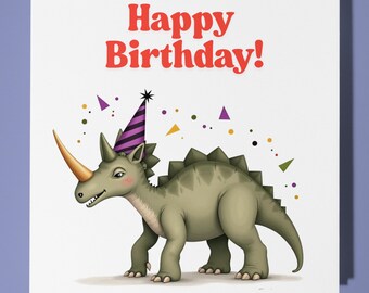 Little Dinosaur with Purple Hat - Birthday Card - Personalised card - Funny Animal Card - Premium Greeting Card & Envelope Son Sister Friend