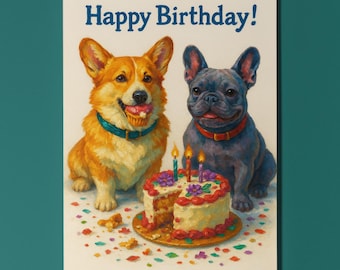 Corgi and French Bulldog Dogs - Happy Birthday Card - Funny Animal - Dog Breeds - Premium Greeting Card Envelope - Personalised card
