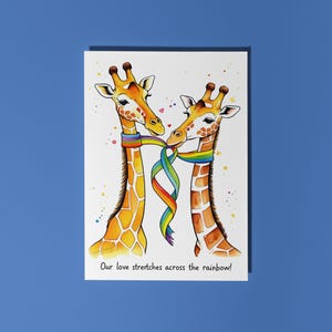 Giraffe LGBTQ+ fatte a mano Il nostro amore si estende attraverso l'arcobaleno! Biglietto di auguri con animali divertenti Biglietto di auguri premium per amanti degli animali e busta