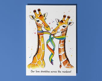 Handmade LGBTQ+ giraffes Our love strertches across the rainbow! Card Funny Animal Card Animal Lovers Premium Greeting Card & Envelope