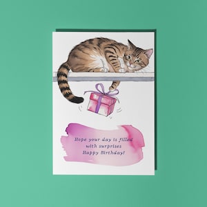 Fait main Chat mignon avec cadeau J'espère que votre journée sera remplie de surprises Carte de joyeux anniversaire Carte d'animaux rigolos Carte de voeux premium Enveloppe