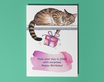 Handmade Cute cat with present Hope your day is filled with surprises Happy Birthday Card Funny animals Card Premium Greeting Card Envelope