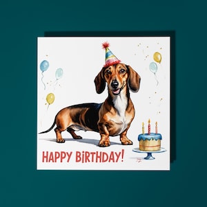 Handgemachte niedliche Dackel Hunderasse mit Kuchen alles Gute zum Geburtstag Karte lustige Tierkarte Tierliebhaber Premium Grußkarte und Umschlag