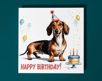 Handmade Cute Dachshund Dog breed With Cake Happy Birthday Card Funny Animal Card Animal Lovers Premium Greeting Card and Envelope