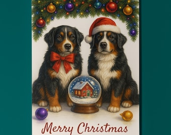 Bernese Mountain Dogs - Cozy Nose and Snow Globe - Christmas Card - Funny Dogs - Dog Breeds - Premium Greeting Card & Envelope Personalised