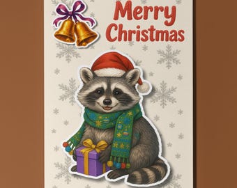 Santa’s Little Bandit Racoon with Gift - Pop Animal 3D Collection Christmas Card - Funny Animal - Premium Quality Card Envelope Personalised