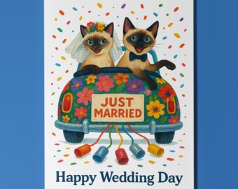 Cat Breeds Collection - Siamese Cats - Happy Wedding Day Card - Funny Animal - Premium Greeting Card Envelope - Personalised card - Couples