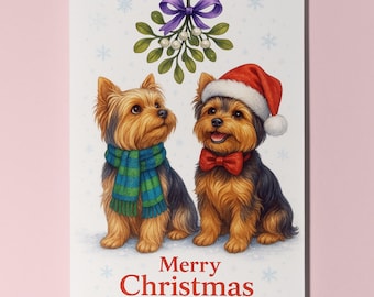 Yorkshire Terrier Dogs Under the Mistletoe - Merry Christmas Card - Funny Dogs -  Premium Greeting Card and Envelope - Personalised card