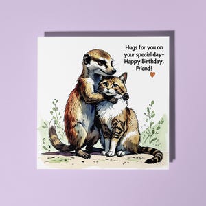 Handgemachte süße Erdmännchen umarmt eine Katze Alles Gute zum Geburtstag Freund Karte Lustige Tierkarte Tierliebhaber Premium Grußkarte & Umschlag