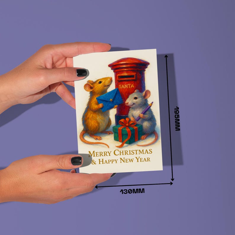 Puede incluir: Tarjeta de Navidad con una ilustraci&oacute;n de dos ratones, un buz&oacute;n rojo y un regalo. La tarjeta dice "Merry Christmas & Happy New Year". La tarjeta mide 19,5 cm de alto y 13 cm de ancho.
