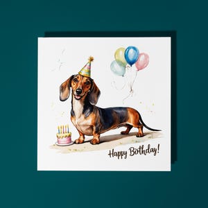 Race de chien teckel mignon fait main avec gâteau Carte de joyeux anniversaire Carte d'animal drôle Carte de voeux et enveloppe premium pour amoureux des animaux