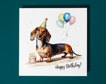 Handmade Cute Dachshund Dog breed With Cake Happy Birthday Card Funny Animal Card Animal Lovers Premium Greeting Card & Envelope