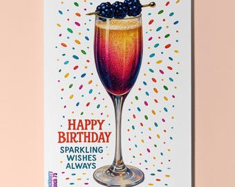Cocktail Wishes Collection - Blackberry French 75 Cocktail - Happy Birthday Card- Premium Greeting Card Envelope - Personalised card Friend