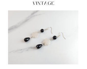 Elegant Radiance Sterling Silver Rose quartz Black onyx Gemstone Earrings