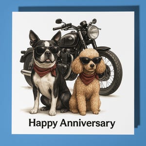Terrier de Boston et caniche nain près d'une moto Carte de joyeux anniversaire Animal drôle Carte de voeux Premium Enveloppe Carte de chien personnalisée