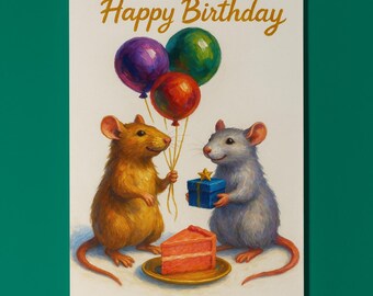 Two rats - We Brought Cake! - Happy Birthday Card - Funny Animal - Matte Greeting Card and Envelope - Personalised - Friends Family members