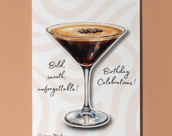 Espresso Martini cocktail  - Pop 3D Appliqué Collection  - Birthday Card - Funny Premium Greeting Card and  Envelope - Personalised - Friend