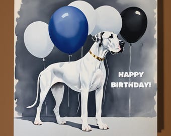 White Great Dane dog Happy Birthday Card - Funny Animal - Premium Greeting Card & Envelope - Personalised Dog card - Mum Dad Son Sister