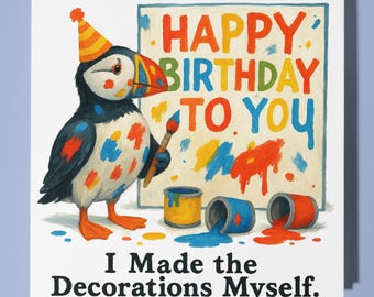 Puffin Artist - Happy Birthday Card - Funny Animal - Premium Greeting Card Envelope - Personalised Birthday - funny card - sister friend