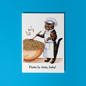 Handgemaakte grappige kattenkoks Pasta la vista, baby! Kaart Grappige dierenkaart Dierenliefhebbers Premium wenskaart Envelop